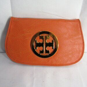 TORY BURCH  REVA ORANGE LEATHER CLUTCH 11" X 6" CLOSED POCKET ON BACK + INSIDE